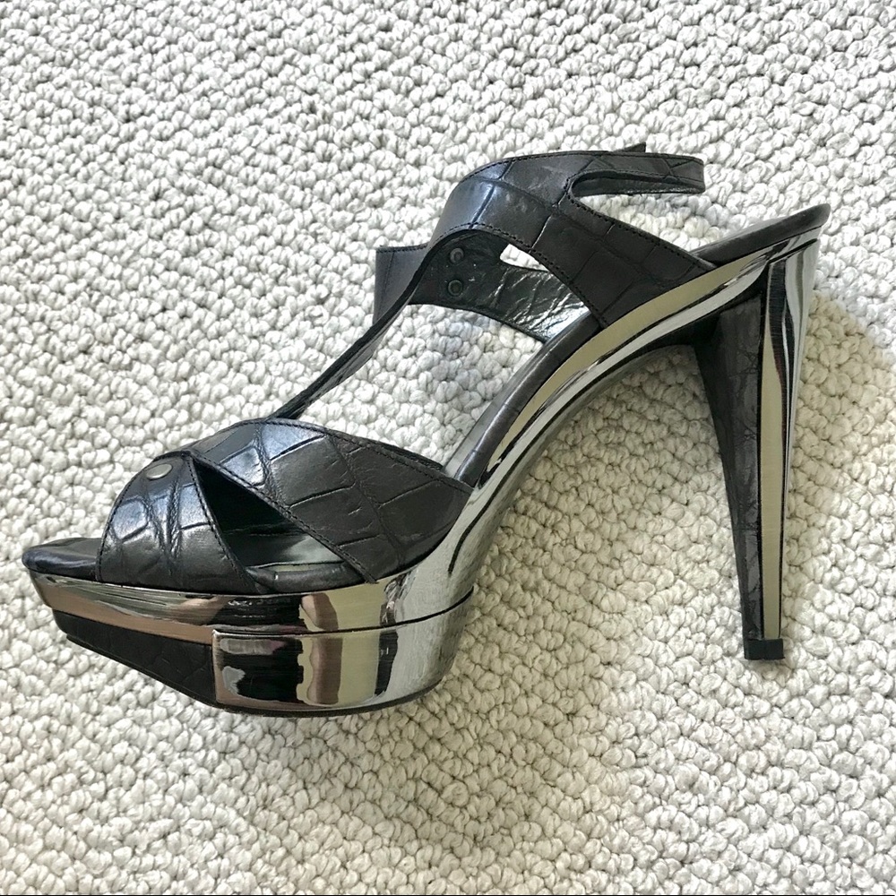 Stuart Weitzman Black Luggage Croco Heels